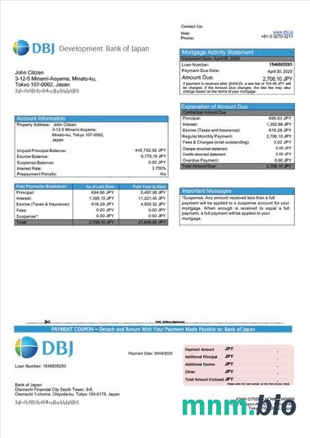 Japonia Bank Rozwoju Japonii (DBJ) wyciąg z kredytu hipotecznego szablon Word i PDF